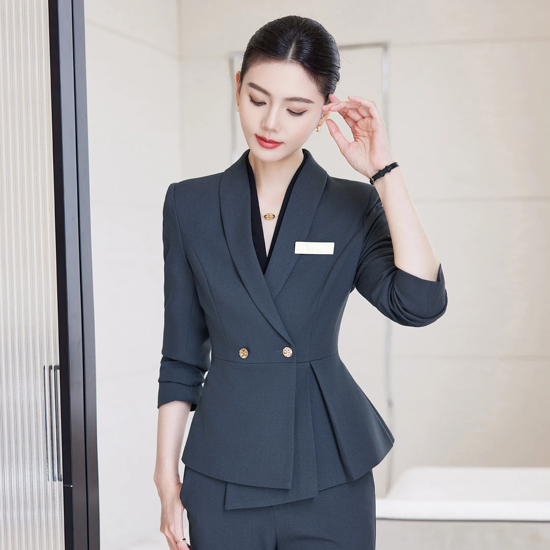 灰色西装套装女春秋长袖职业气质酒店经理珠宝店售楼部顾问工作服