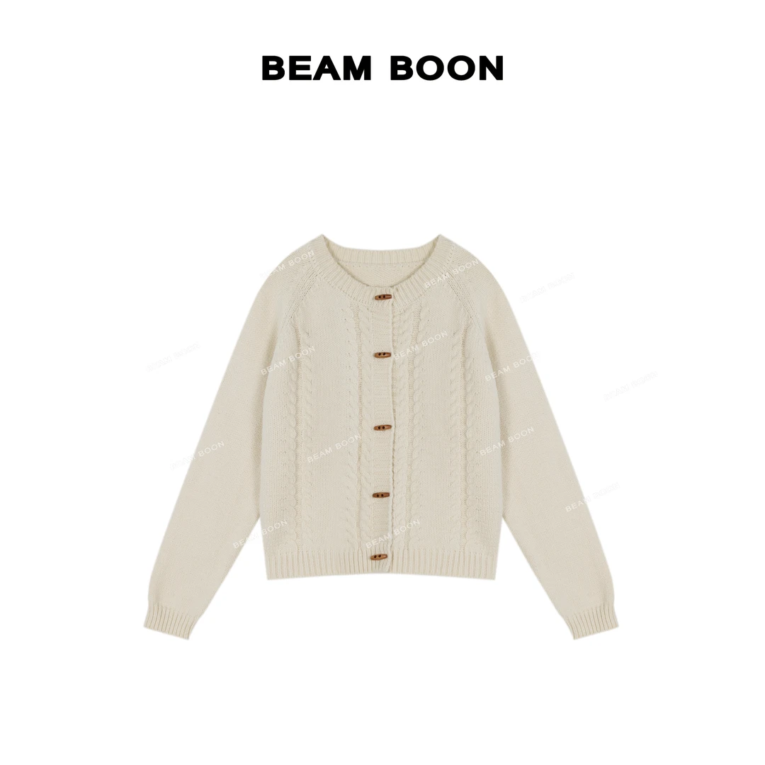 【托卡小雪人】复古圆领麻花针织羊毛混纺牛角扣简约加厚短外套