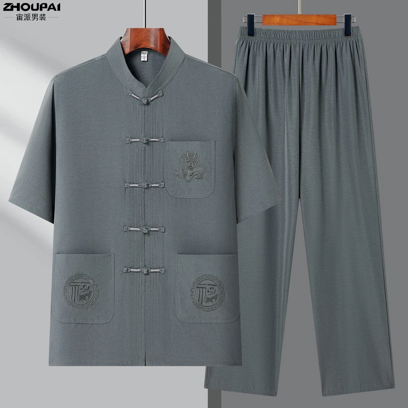 夏季新款短袖唐装男中老年爸爸夏装套装新中式中国风爷爷老人衣服