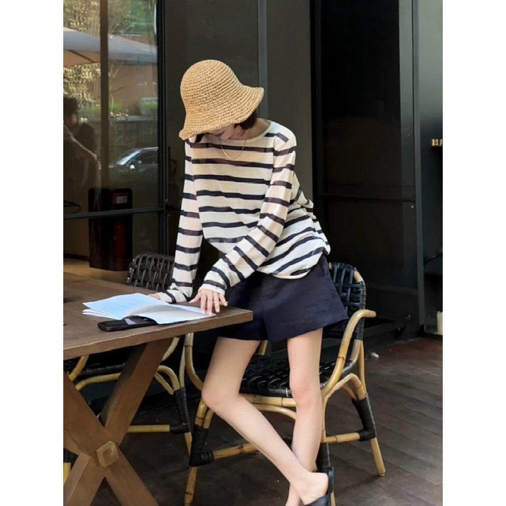 韩系黑白条纹长袖防晒t恤空调衫女夏季薄款外搭慵懒风罩衫上衣潮