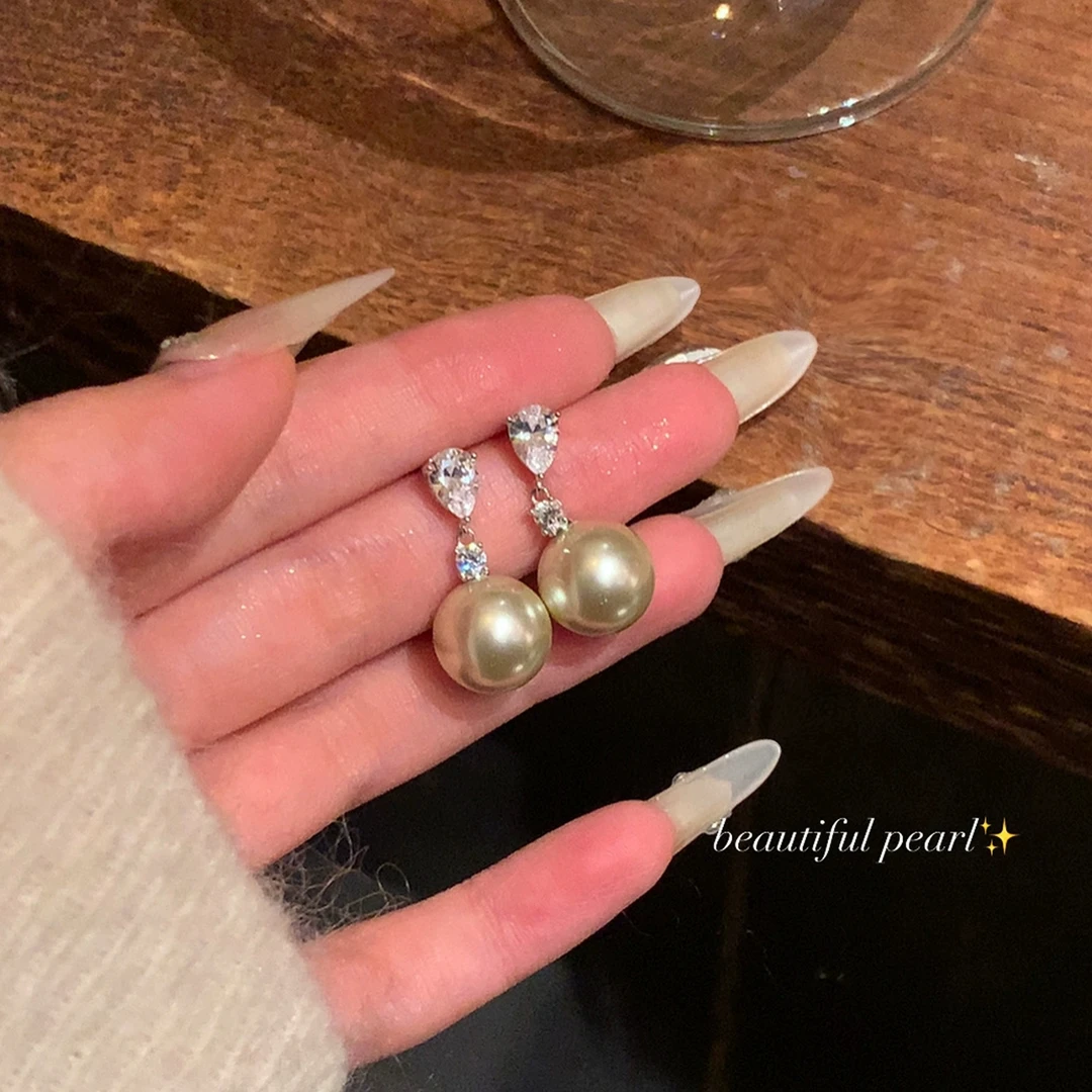 铜合金锆石耳饰 秋冬气质韩系闪锆水滴珍珠耳环女轻奢耳针耳饰