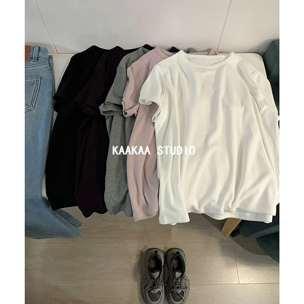 REKAYYAT“心雨”韩系休闲时尚百搭简约纯色慕斯双面滚领短袖T恤