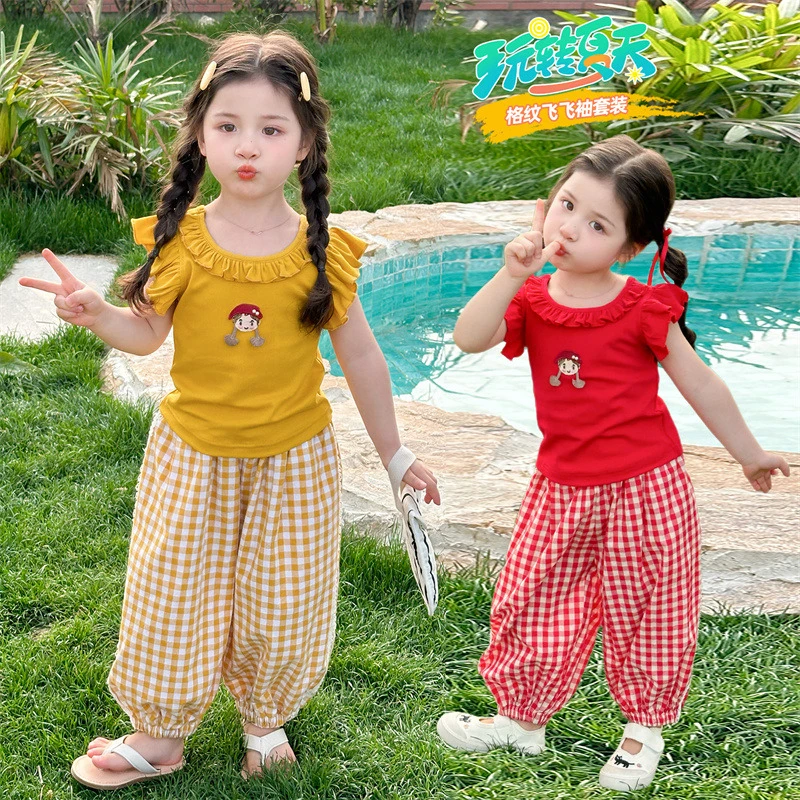女童小飞袖套装洋气儿童夏季2025新款女宝宝格子裤两件套小女孩潮
