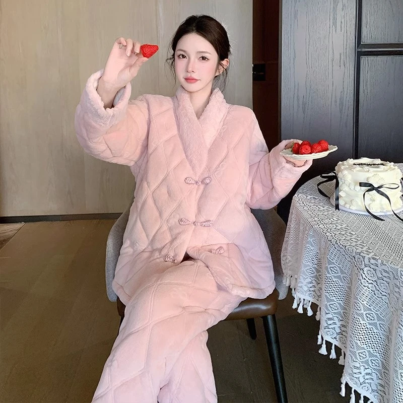 2025新款中式睡衣女冬季三层夹棉袄加绒加厚国风珊瑚绒家居服外穿