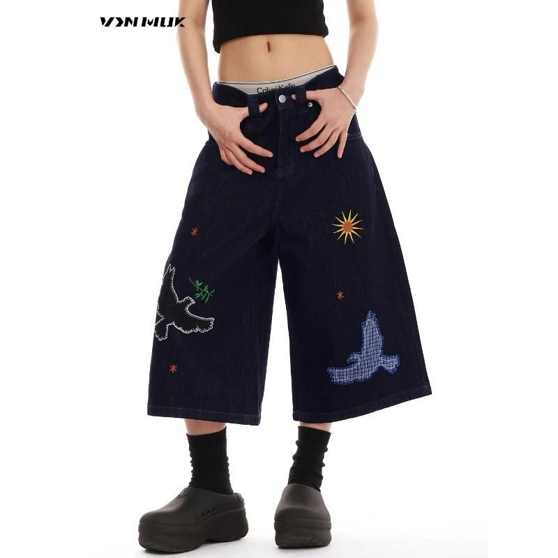 趣味刺绣设计感牛仔裤短裤男女夏季美式复古丹宁高级帅气七分裤