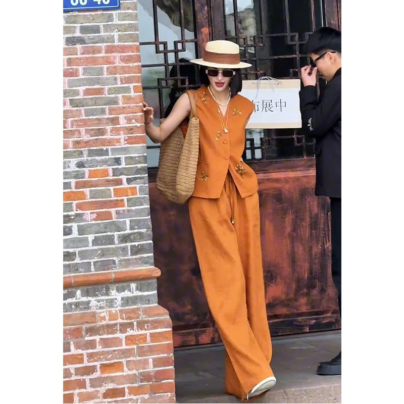 老钱风轻熟御姐穿搭高级感重工钉珠橘色马甲阔腿裤苎麻套装女夏季