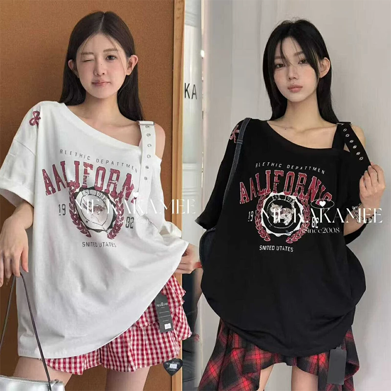 美式辣妹猫咪喷画露肩短袖T恤女夏季宽松显瘦设计感小众斜领上衣