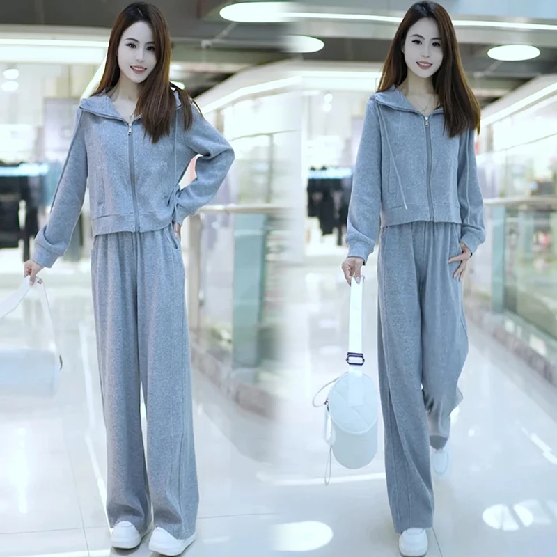 高级感休闲韩版套装女2025年春秋新款宽松连帽卫衣直筒裤两件套