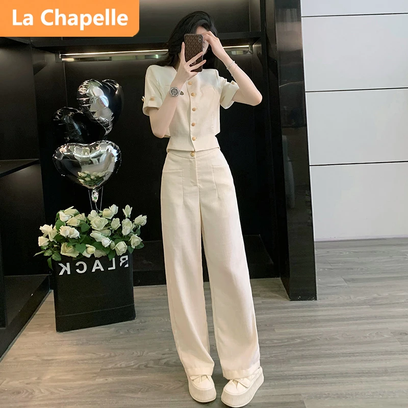 拉夏贝尔港风复古气质休闲套装女设计感减龄白色短袖阔腿裤两件套