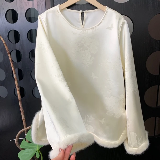 “粉妆”加绒设计感斜襟衬衫冬季上衣