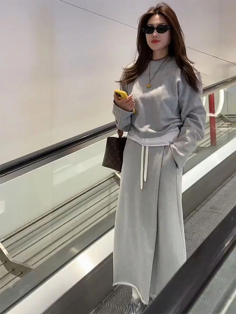 简约时尚设计感日常通勤运动风灰色上衣休闲裤套装女2025秋季新款