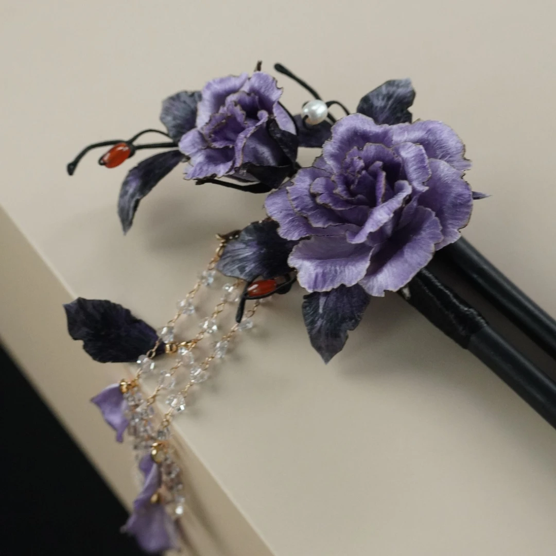 紫色烧边玫瑰小款木u非遗绒花南京绒花日常古风国风简约超仙发簪