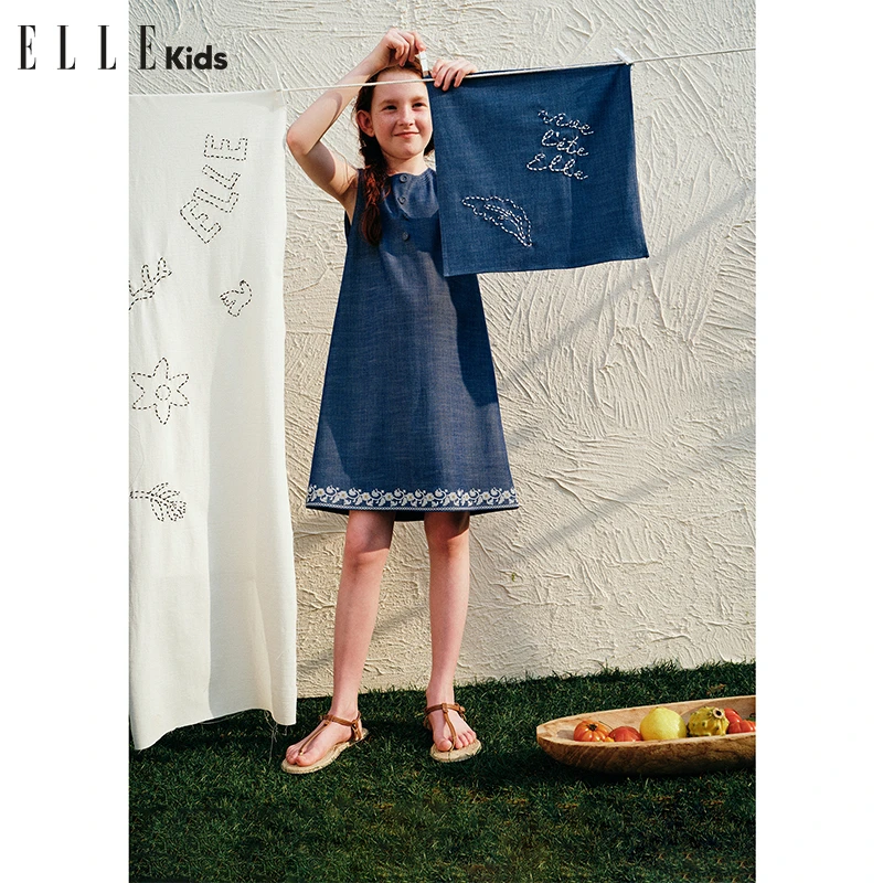 ELLE KIDS 法式绣花背心连衣裙女童夏季新款度假休闲无袖裙子X2
