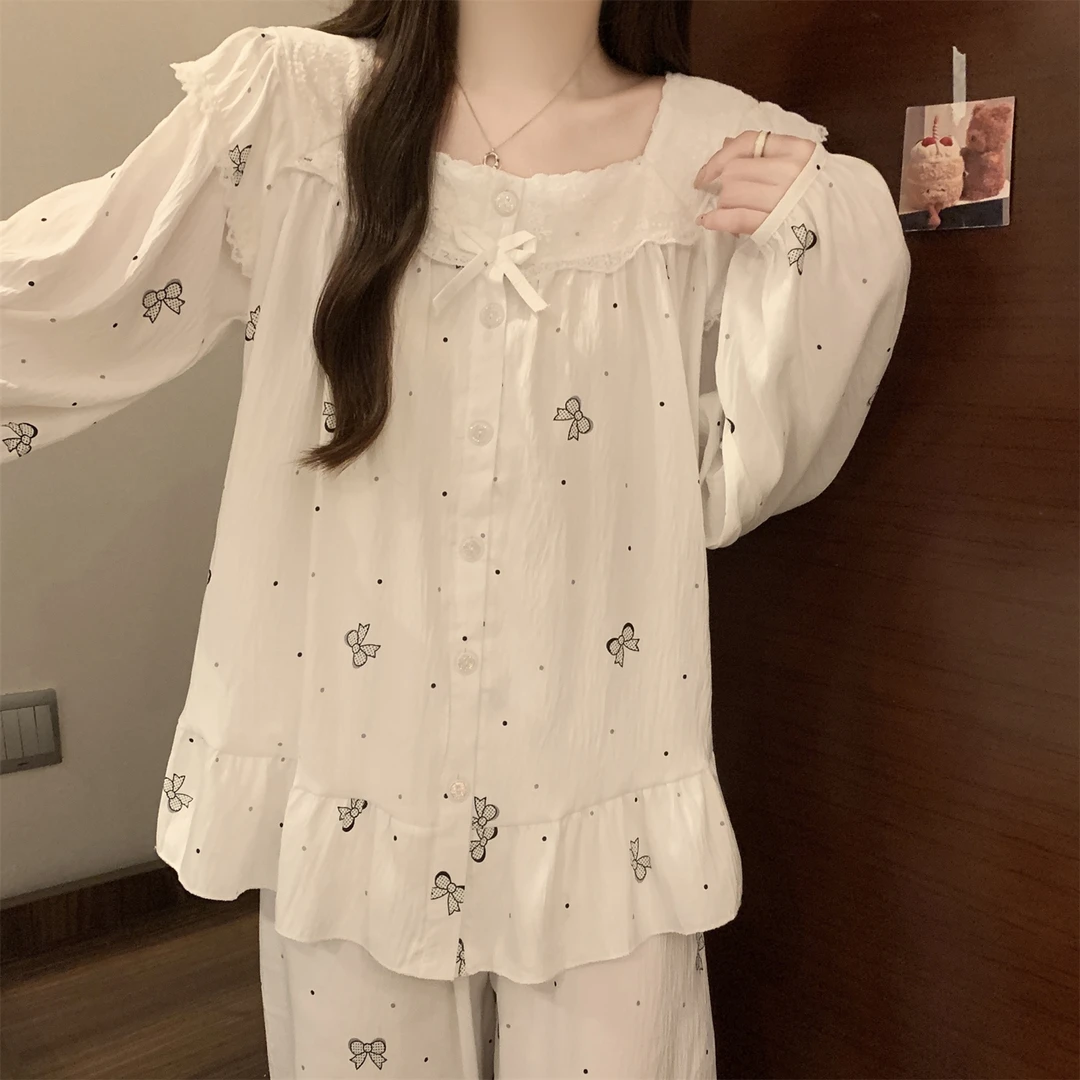 云朵棉睡衣女长袖开衫花边甜美公主风ins可爱少女学生家居服套装