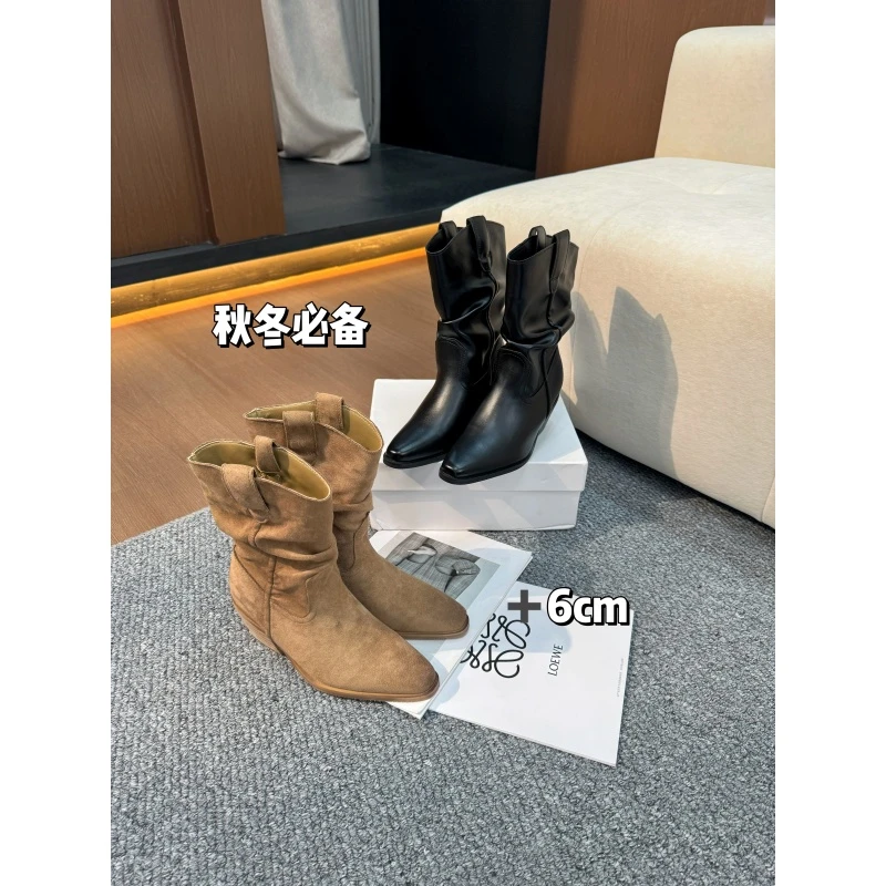 【夏小禾】+6cm增高小个子秋冬复古风西部牛仔保暖短靴