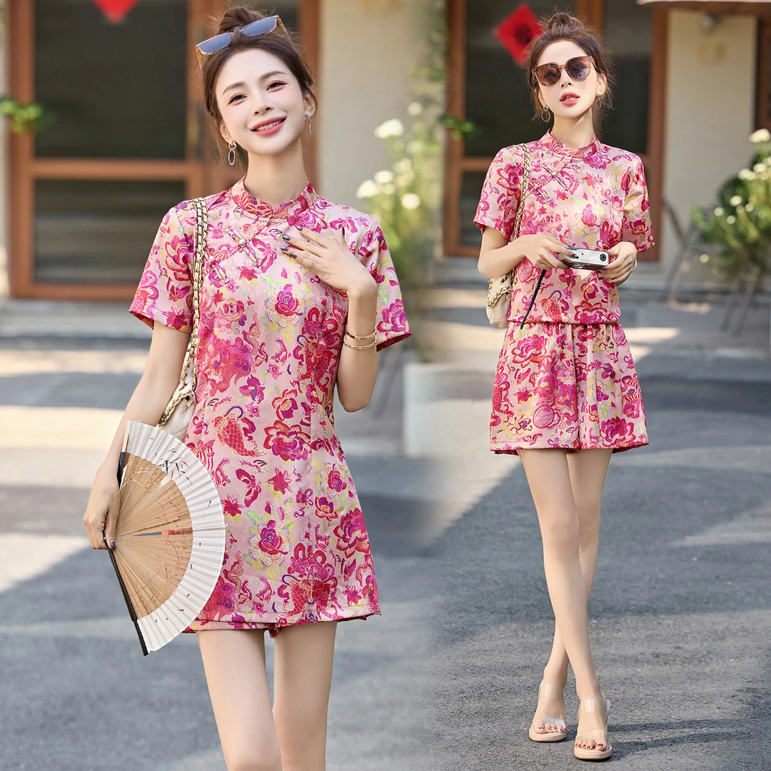 新中式印花连衣裙短裤套装女夏2025新款小个子风旗袍裙子两件套