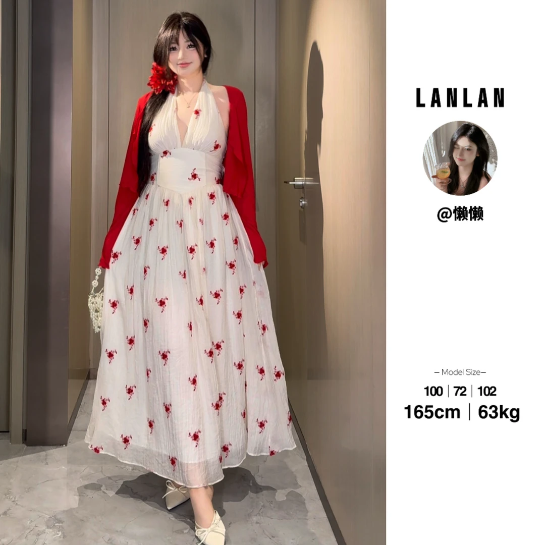 Lanlan-【春日桃桃】纯欲碎花挂脖吊带连衣裙法式时尚修身显瘦裙子