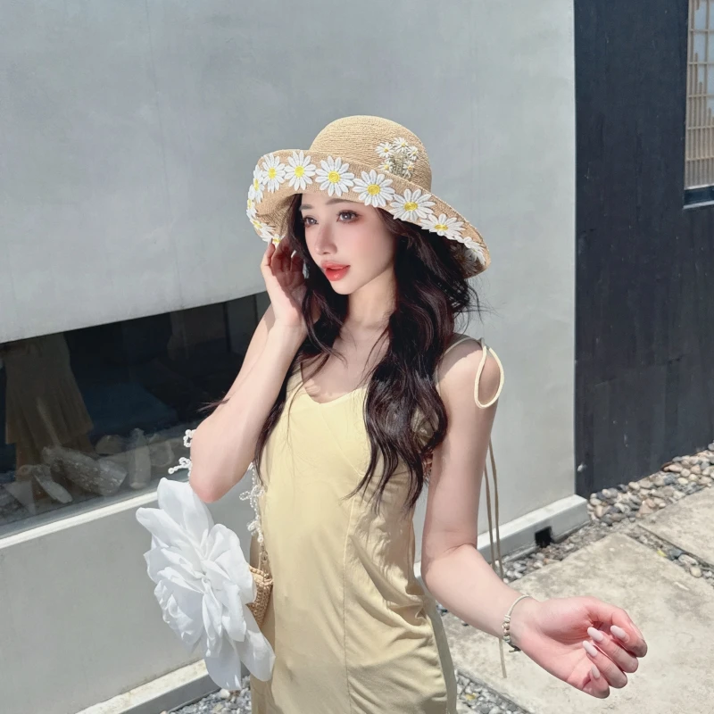 CREAMPP 原创春夏极细密钩针拉菲草盆帽清新雏菊蕾丝防晒大檐草帽