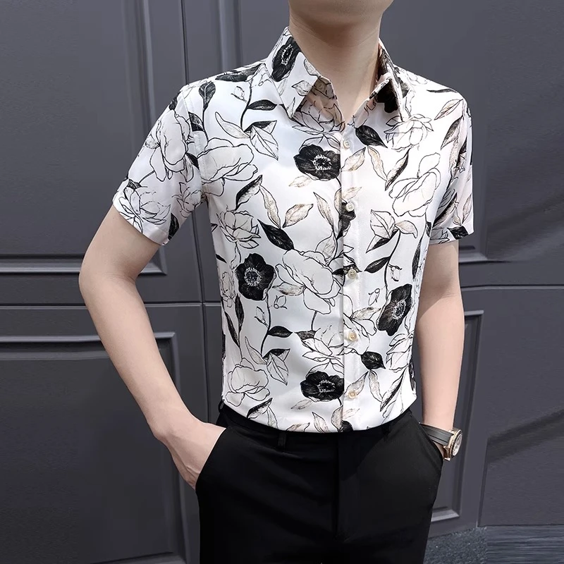 时尚男士短袖花衬衫夏季新款冰丝薄款花纹上衣高级感痞帅印花衬衣