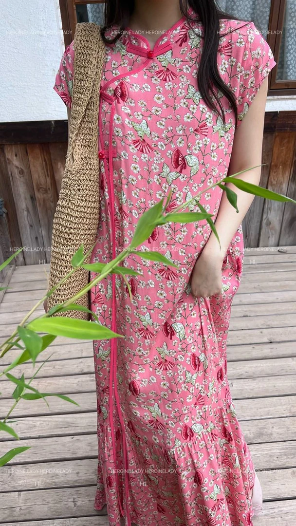 【花系扇子】HL棉绸夏季新中式国风东方宽松显瘦休闲气质长款连衣裙