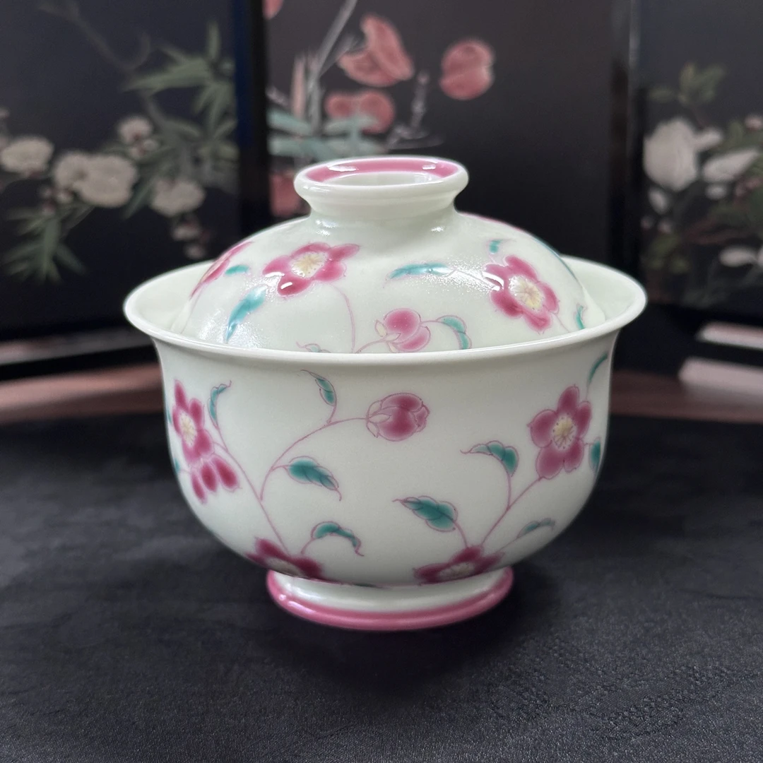 【雨溪山房】枢府釉樱粉两才盖碗110cc