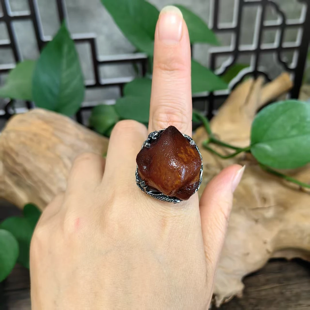 LYliuyng海漂花蜡原皮蜜蜡纯手工银镶个性大戒指原石饱满蜜蜡戒指