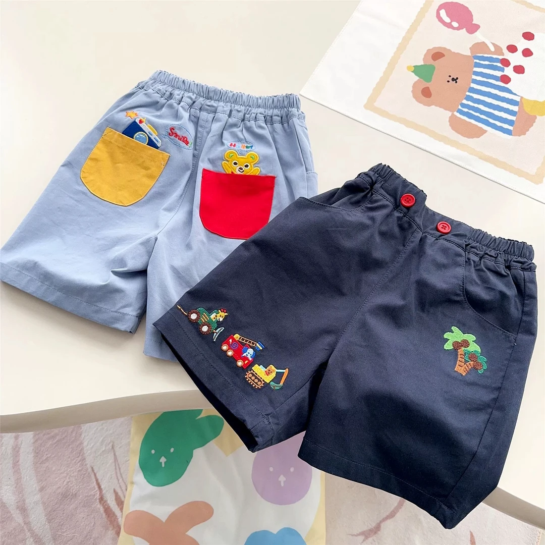 夏装新款中小童卡通挖掘机贴布男女儿童刺绣五分短裤休闲