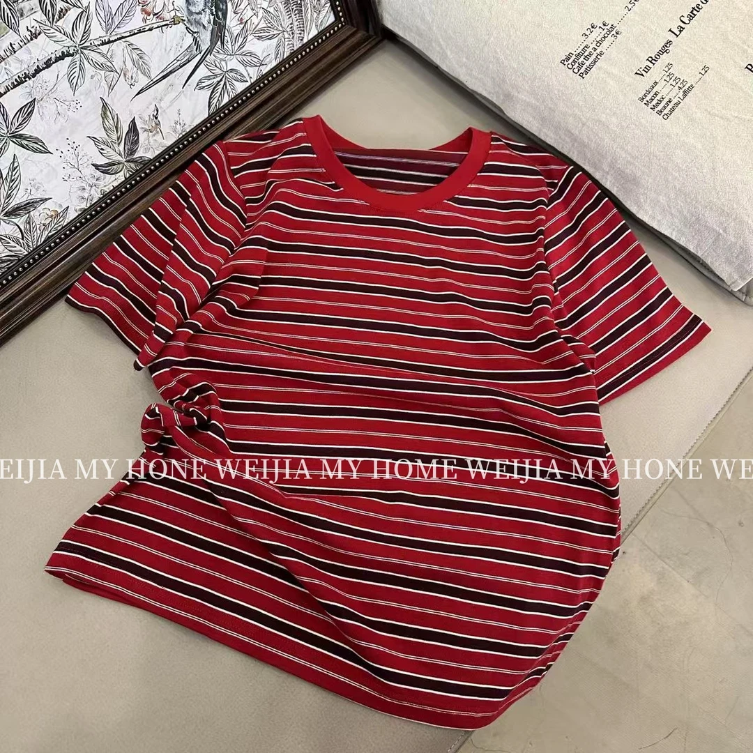 【WJ】春款 0387 红色条纹撞色短袖上衣（2-6）