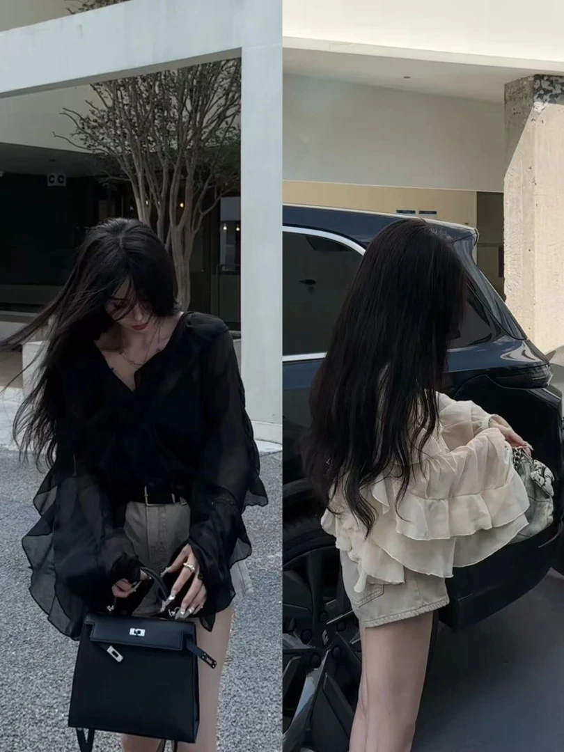 羽翼黑杏上衣/加宽腰带牛仔短裤