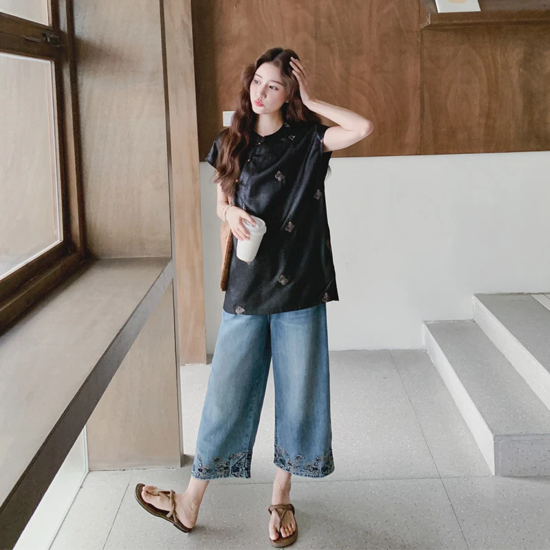 新中式改良旗袍牛仔阔腿裤2025夏季女新款小众复古氛围感两件套潮