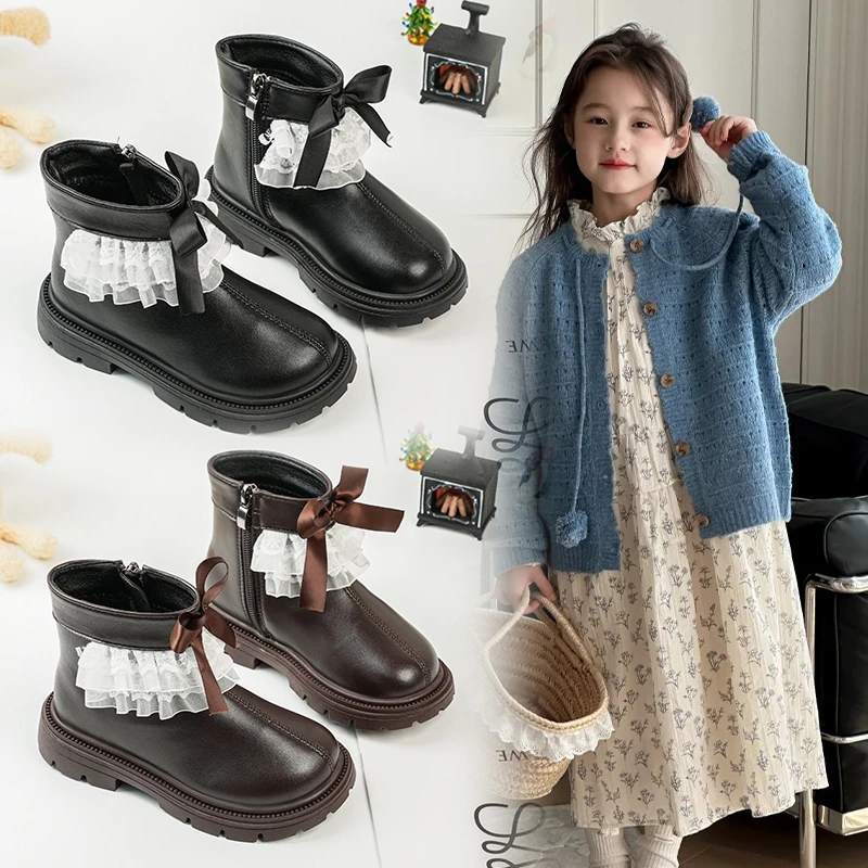 女童马丁靴公主靴软皮短靴时尚蕾丝皮靴子2025秋冬季新款加绒棉靴