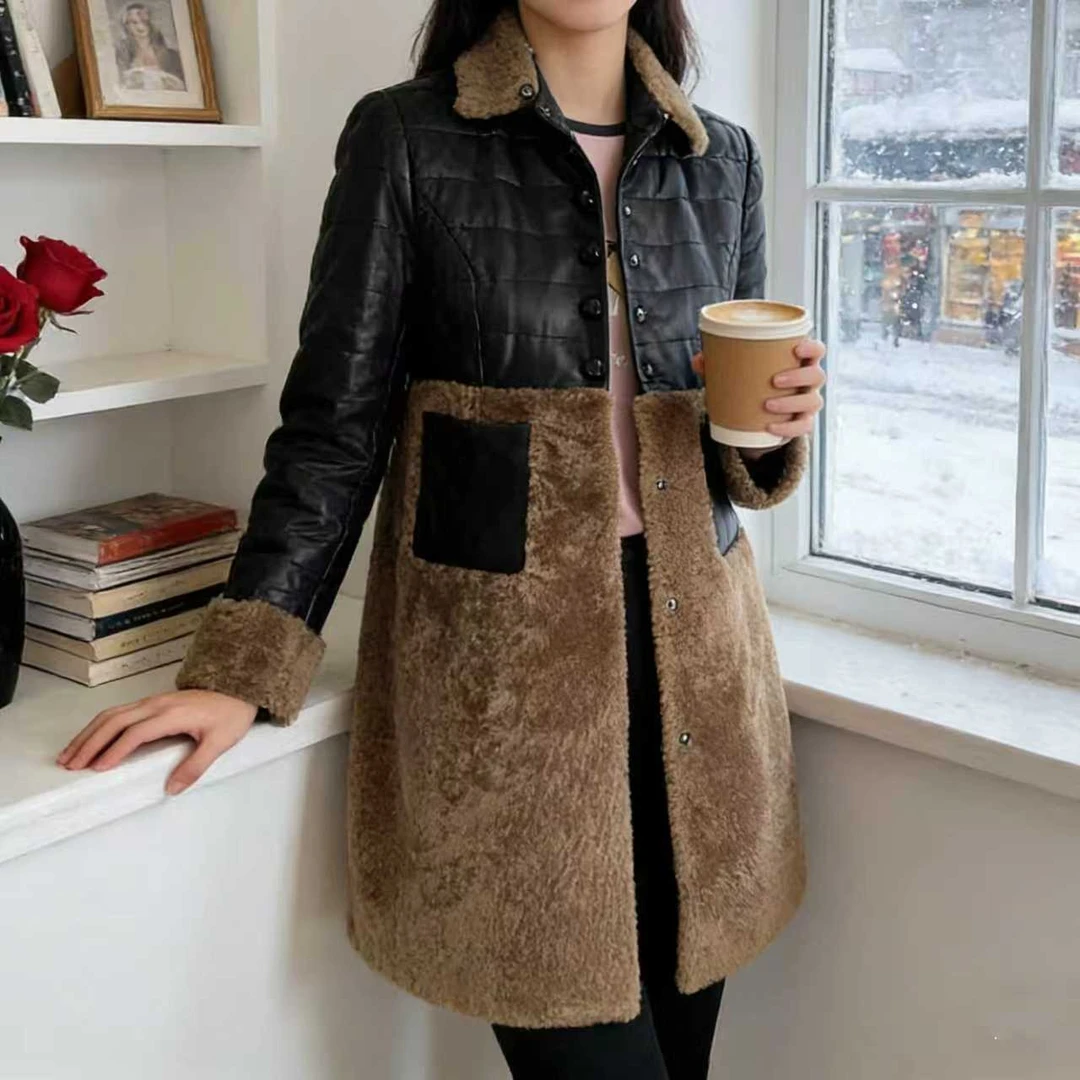女士秋冬中长款加绒加厚可拆卸内胆毛领修身显瘦皮衣外套