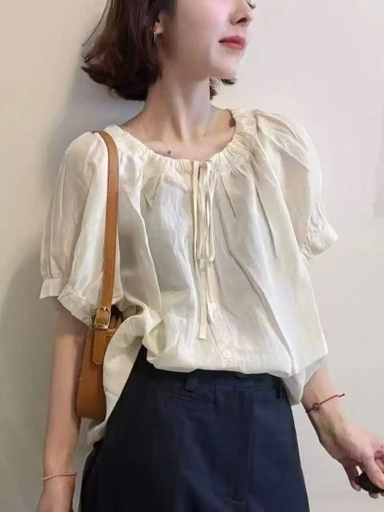 3793夏季新款韩系设计感百搭显瘦时尚圆领系带衬衫女小个子上衣
