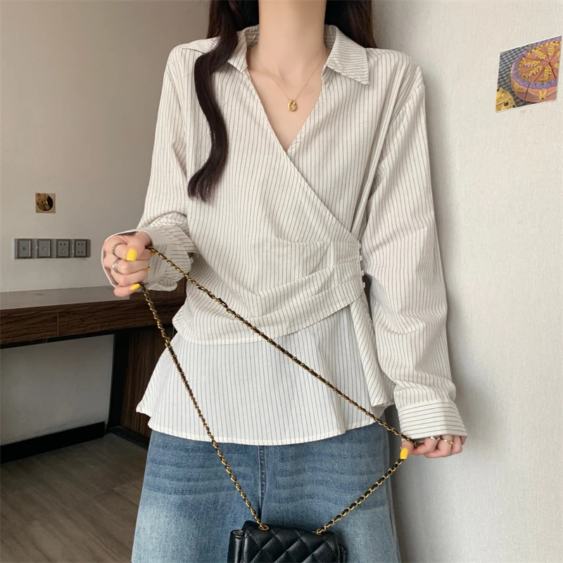 微胖女装秋季新款韩系百搭收腰显瘦衬衫胖MM长袖小衫条纹上衣