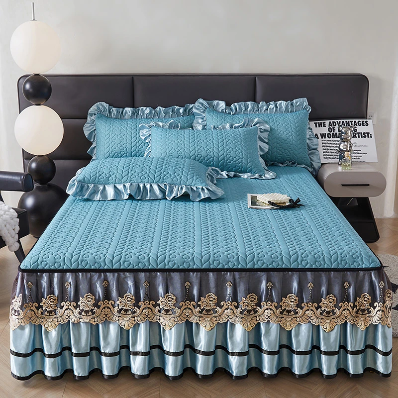 水星.家纺夏季冰丝席凉席三件套床裙款可水机洗折叠夏蕾丝床罩