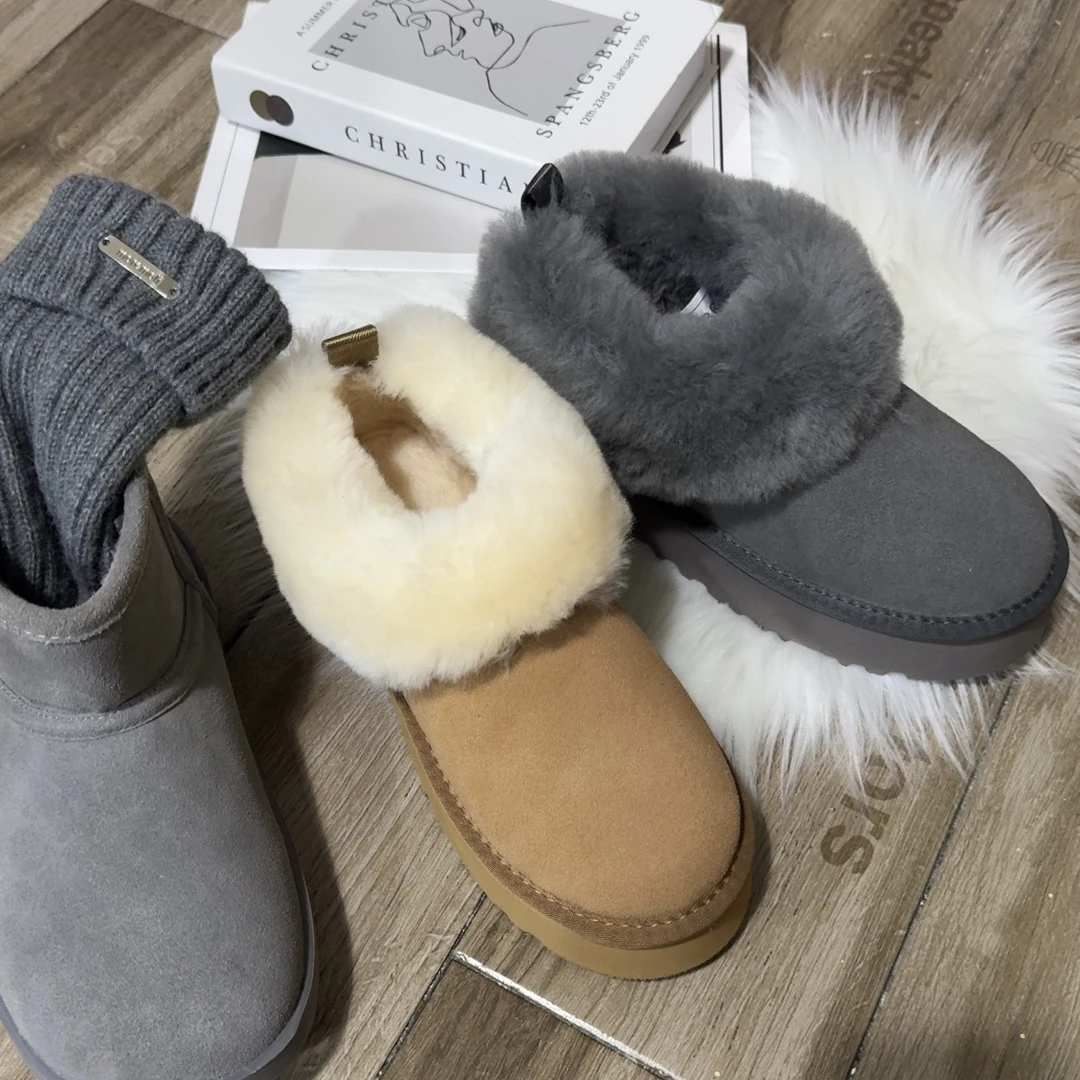 真皮羊毛厚底雪地靴女秋冬新款灰色保暖懒人一脚蹬雪地靴