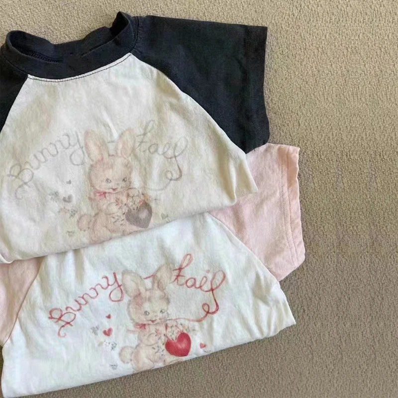 韩版ins卡通家居服可爱休闲拼色撞色爱心兔短袖圆领上衣T桖百搭