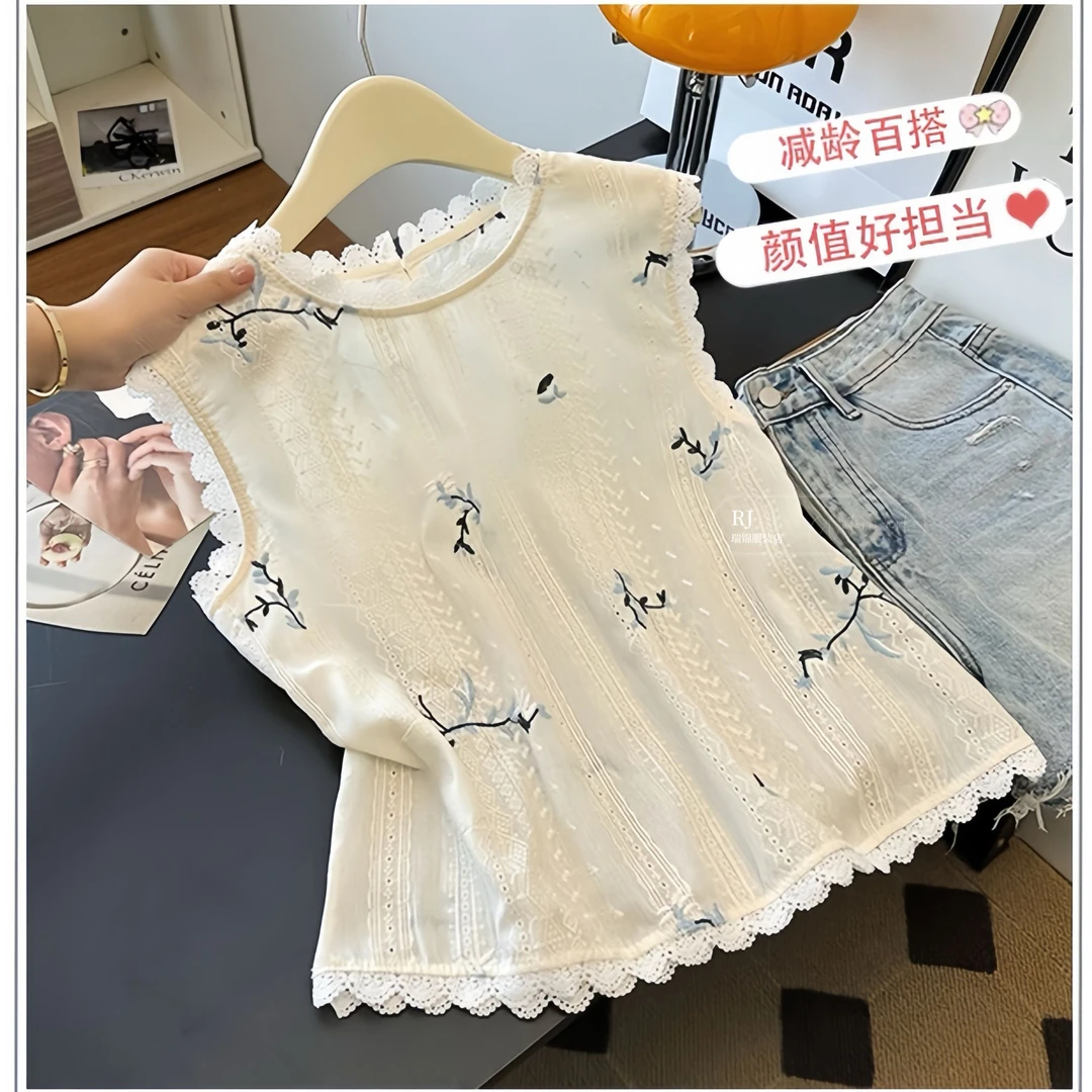 【RJ】重工刺绣无袖衬衫背心女无袖女别致独特小酷飒风女装高级感