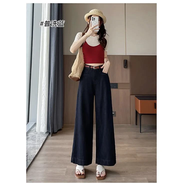 夏季丹宁莱赛尔天丝小个子阔腿牛仔裤女薄款九分宽松垂感直筒女