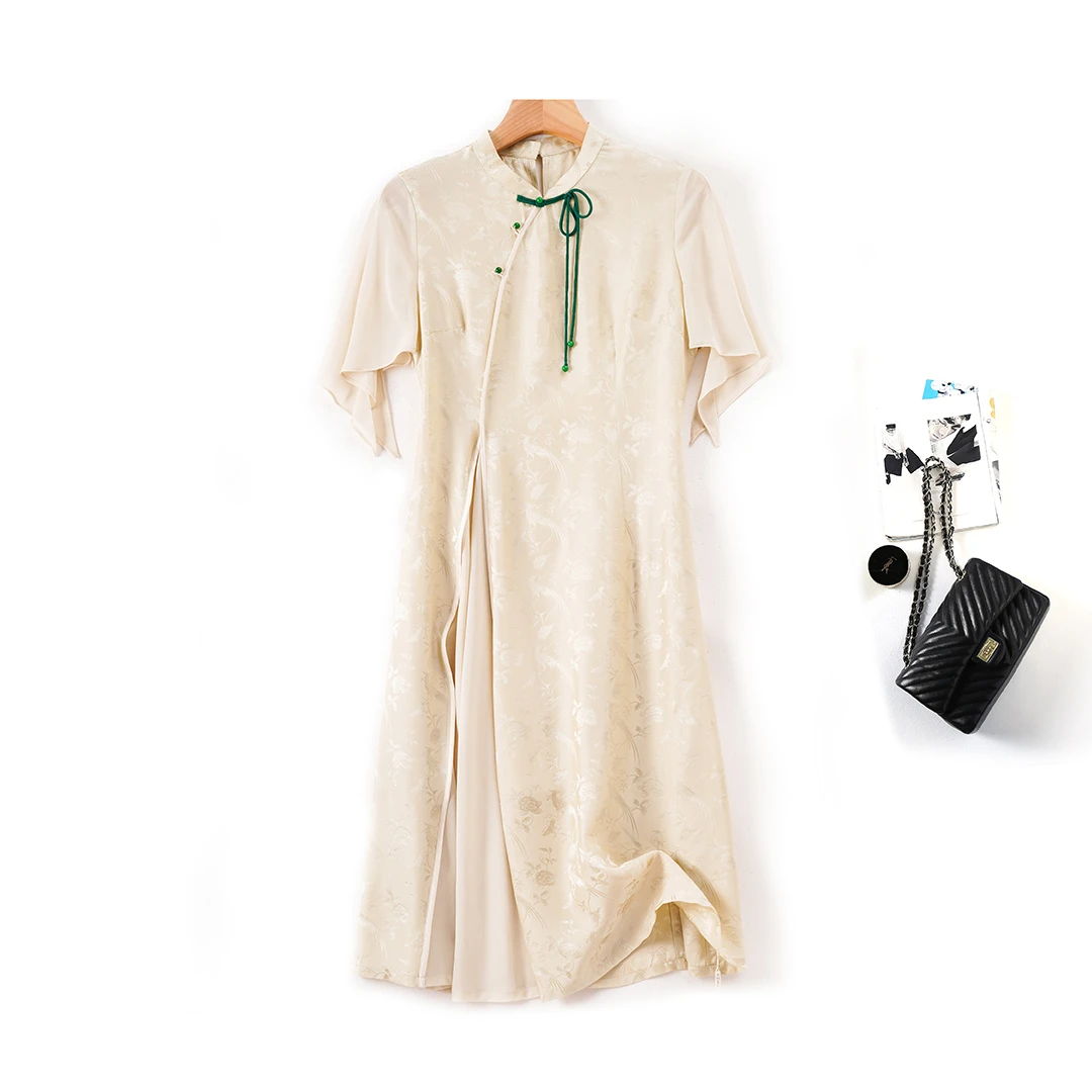 织锦缎51%桑蚕丝国风短袖高端新中式气质宽松夏季真丝女装连衣裙