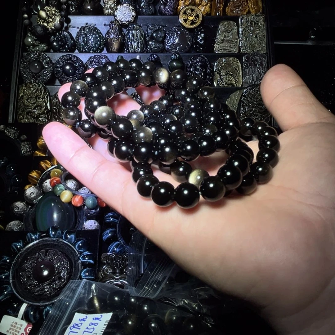 未镶嵌黑曜岩手链扎***叔天然金曜石双面圆眼10m108颗