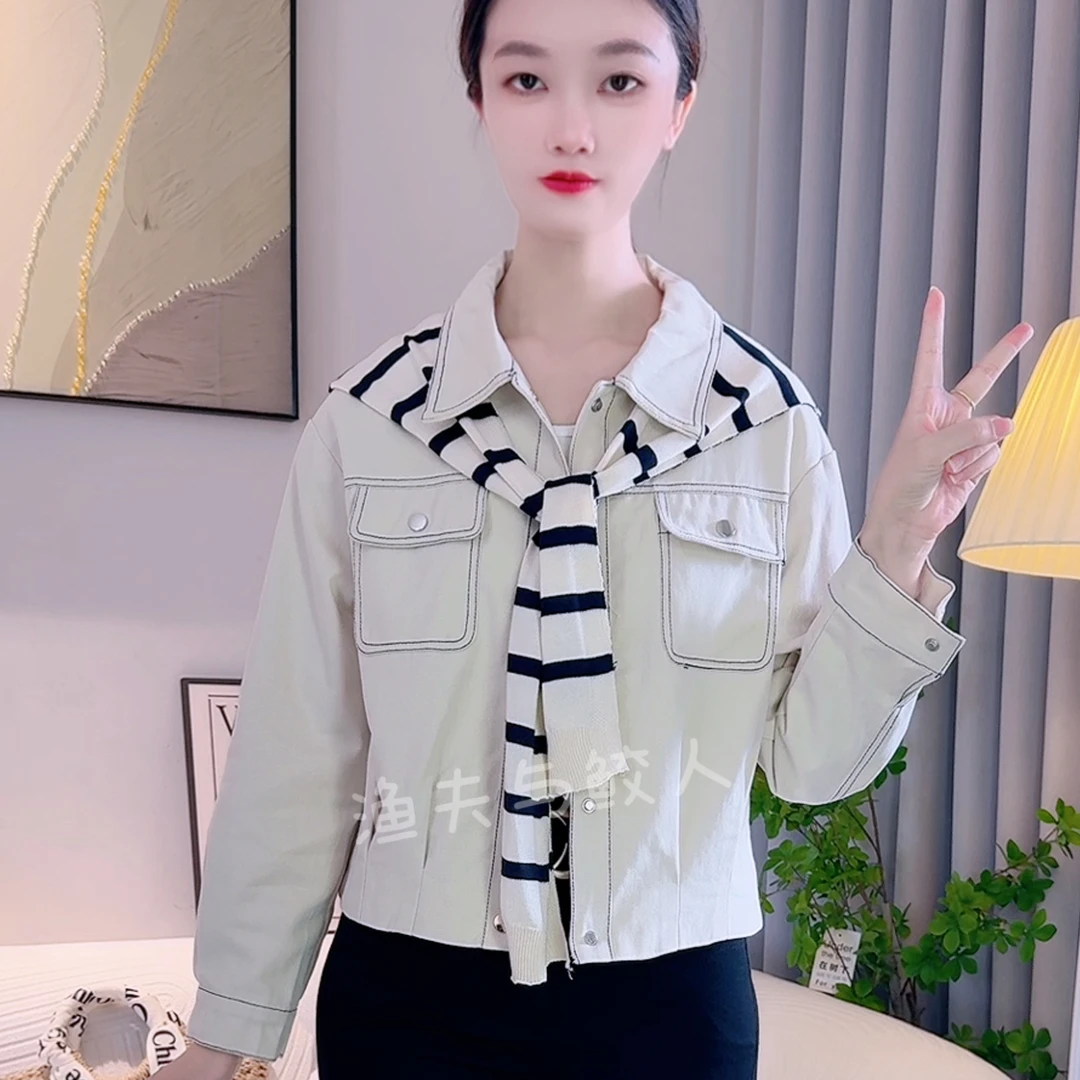 韩系复古休闲双面条纹披肩宽松翻领夹克2025外套短款长袖上衣爆款