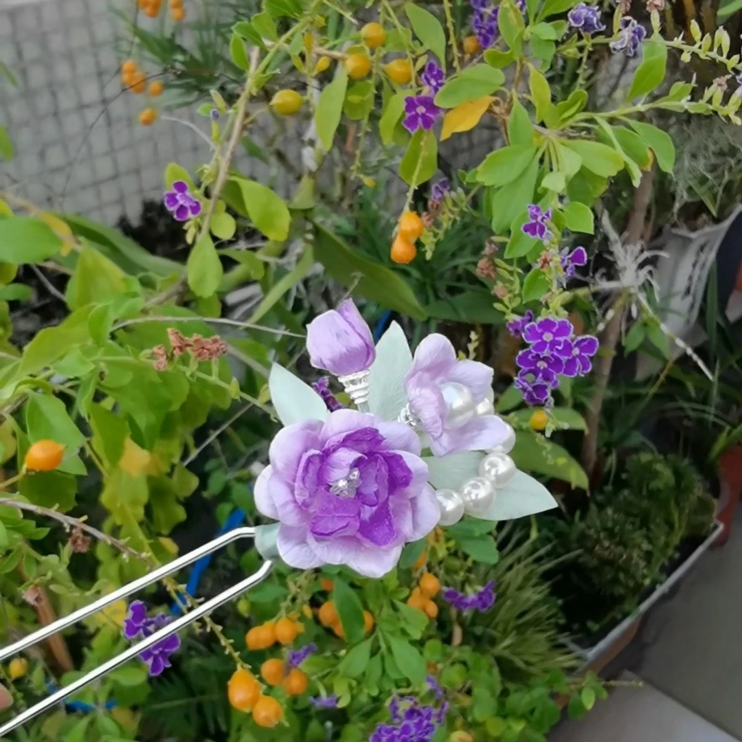 古风仙气飘飘原创绒花紫色花朵发簪古装汉服发饰