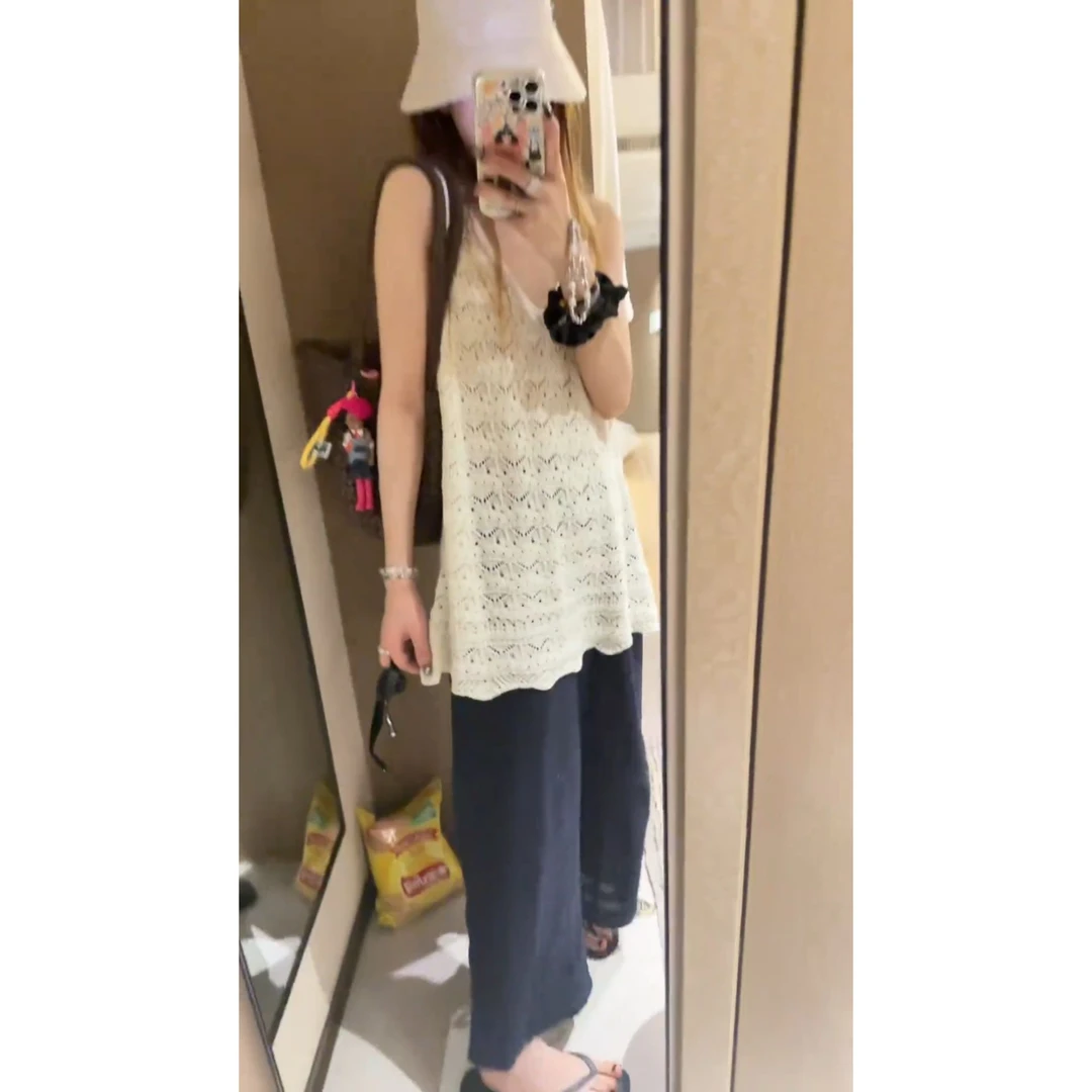 parkyeon波西米亚钩花镂空针织吊带背心裙藏蓝色花边休闲裤套装