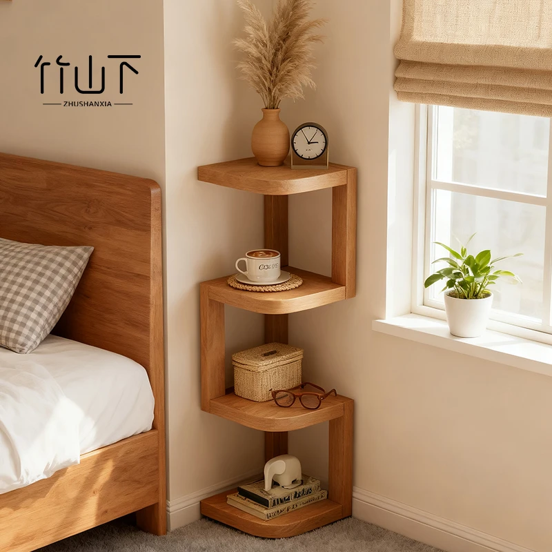 实木置物架多层收纳架家用北欧风储物架转角立式书架落地一体靠墙