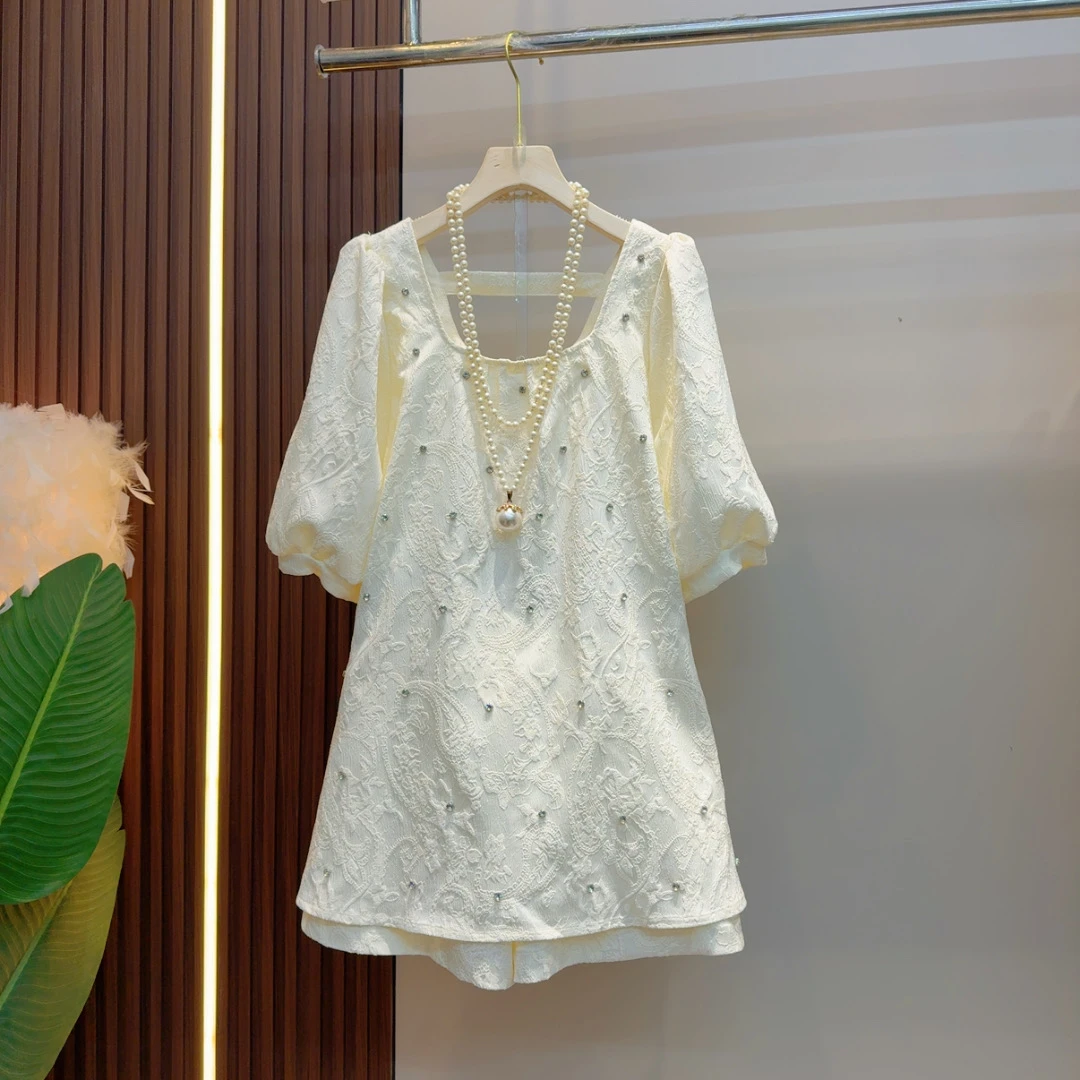 欧洲站2025夏季新款U领钉珠暗花气质设计感简约显瘦套装