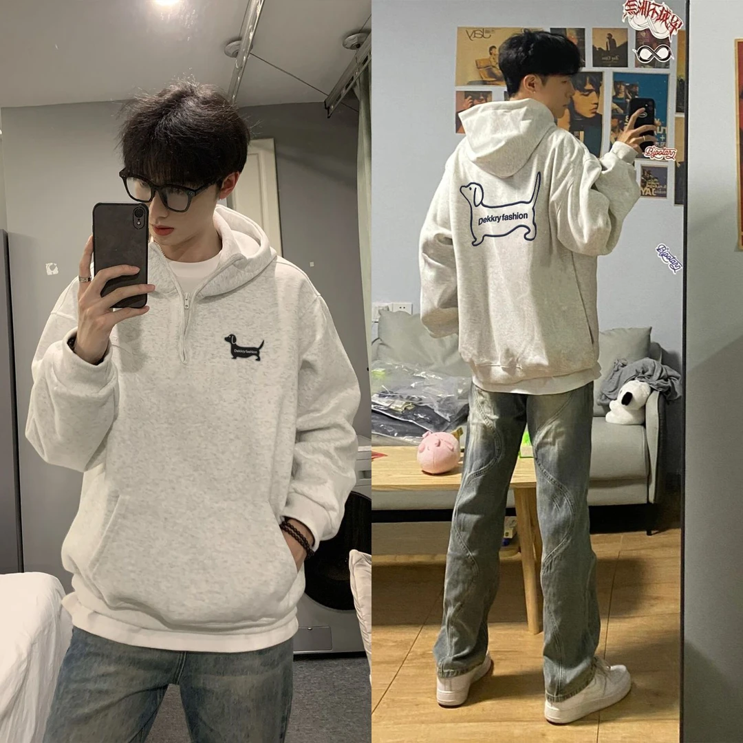 美式个性印花男女卫衣秋冬季半拉链情侣艺术简约狗狗连帽百搭上衣