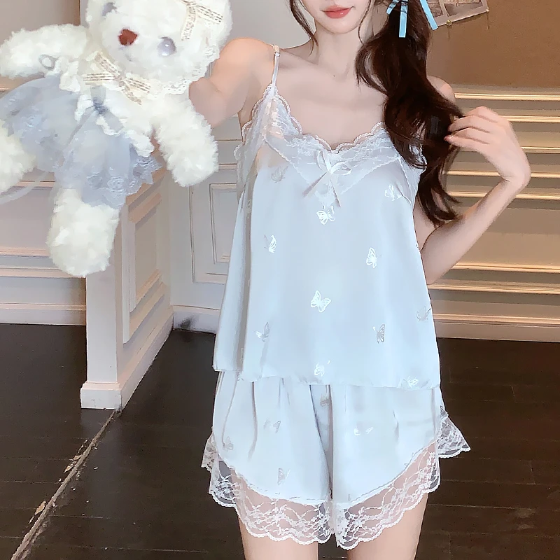 睡衣女冰丝v领夏季甜美蝴蝶烫银公主风家居服吊带短裤短裤三件套