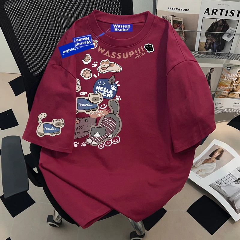 WASSUP HSUBE设计感创意印花短袖夏季酒红色T恤青少年圆领半袖衫
