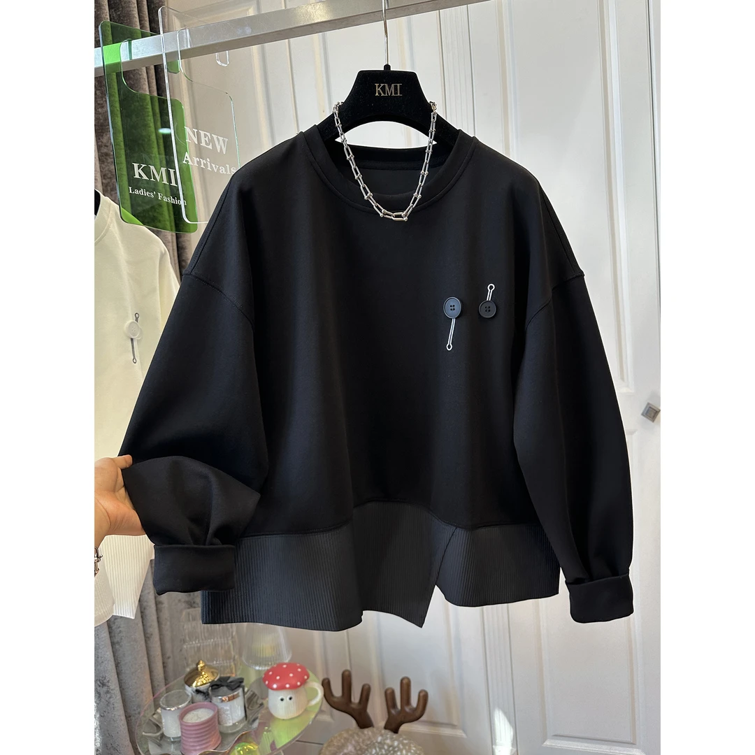 胖妹妹240斤大码下摆不规则卫衣纽扣拼接上衣女秋季宽松慵懒小衫